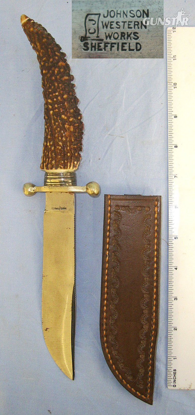 Victorian Christopher Johnson & Co Western Works Sheffield Hand Forged Saw Back Bowie Belt Hunting Dagger With Solid Stag Antler Hilt Brass Fittings & Later Bespoke Quality Made Open Top Leather Scabbard. ED 898 Knive in 