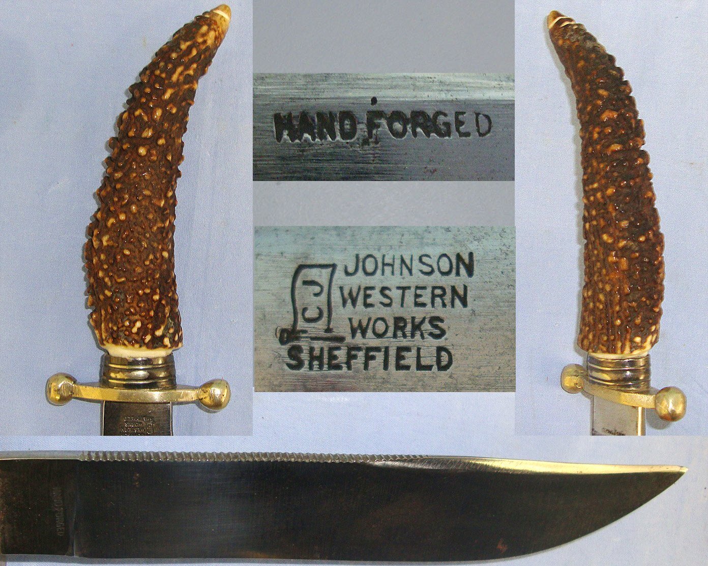 Victorian Christopher Johnson & Co Western Works Sheffield Hand Forged Saw Back Bowie Belt Hunting Dagger With Solid Stag Antler Hilt Brass Fittings & Later Bespoke Quality Made Open Top Leather Scabbard. ED 898 Knive