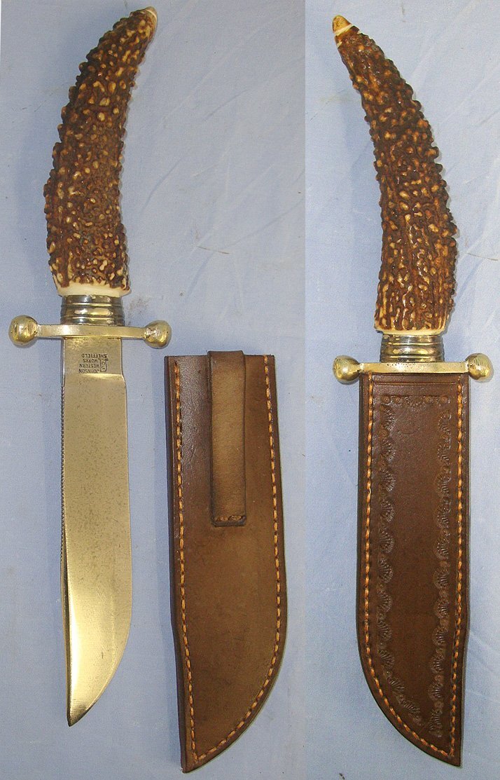  Victorian Christopher Johnson & Co Western Works Sheffield Hand Forged Saw Back Bowie Belt Hunting Dagger With Solid Stag Antler Hilt Brass Fittings & Later Bespoke Quality Made Open Top Leather Scabbard. ED 898 Knive