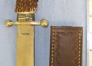 Victorian Christopher Johnson & Co Western Works Sheffield Hand Forged Saw Back Bowie Belt Hunting Dagger With Solid Stag Antler Hilt Brass Fittings & Later Bespoke Quality Made Open Top Leather Scabbard. ED 898 Knive