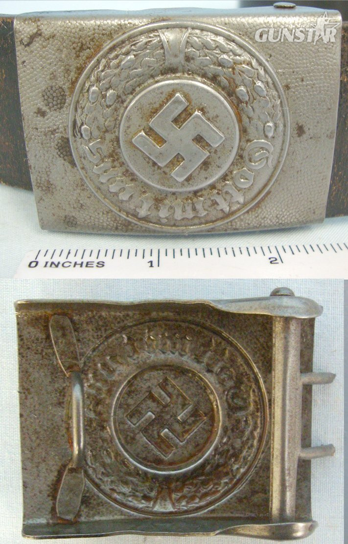 Original**WW2 Nazi German Shutzpolizei (State Protection Police) Silver Wash Steel Police Buckle & Original Leather Belt. Sn 22513  Antique & Militaria in 