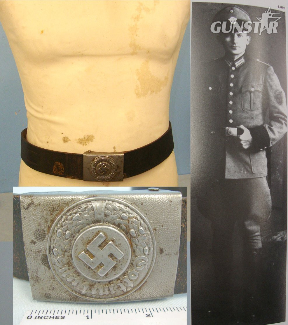 Original**WW2 Nazi German Shutzpolizei (State Protection Police) Silver Wash Steel Police Buckle & Original Leather Belt. Sn 22513  Antique & Militaria