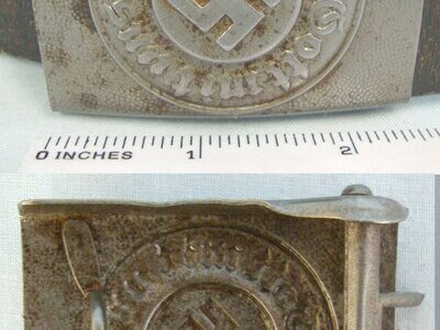Original**WW2 Nazi German Shutzpolizei (State Protection Police) Silver Wash Steel Police Buckle & Original Leather Belt. Sn 22513  Antique & Militaria