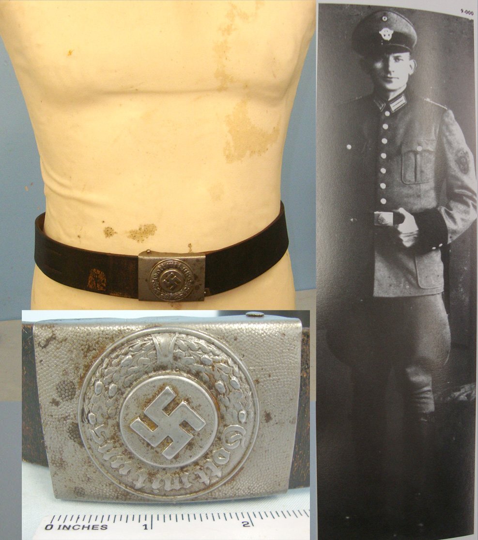 Original**WW2 Nazi German Shutzpolizei (State Protection Police) Silver Wash Steel Police Buckle & Original Leather Belt. Sn 22513  Antique & Militaria