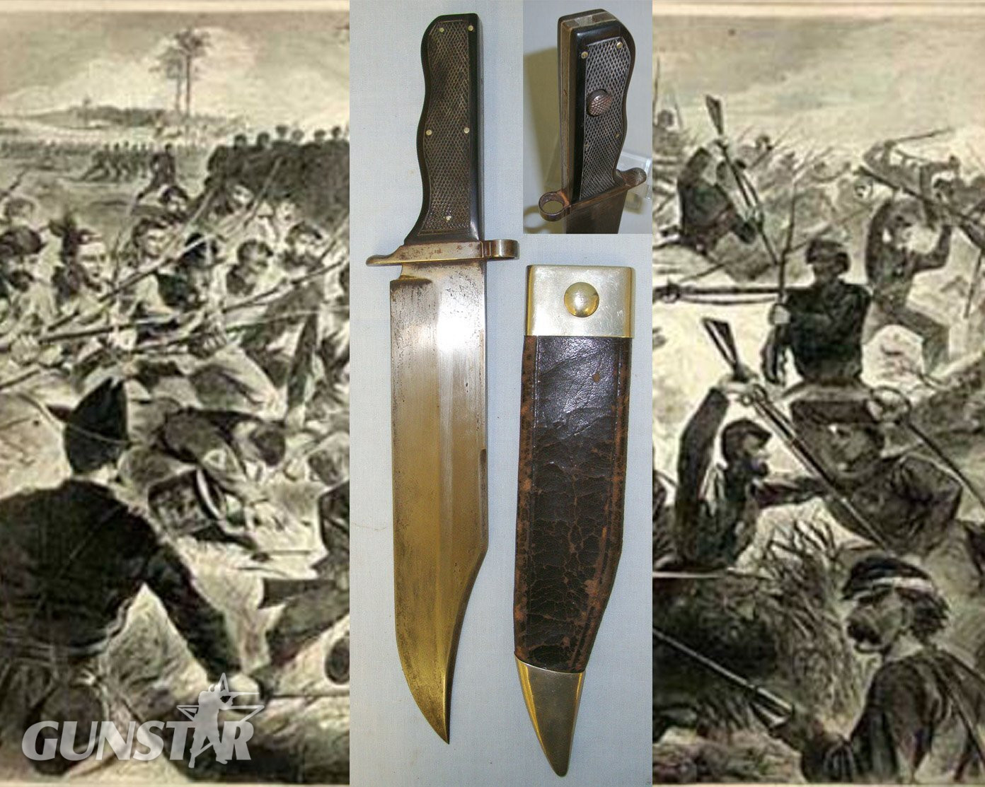 VERY RARE**American Civil War Era Confederate Army & Navy ‘Bowie Bayonet’ With Chequered Polished Horn Scales, Etched Blade, Cross Guard With 14mm Diameter Muzzle Ring Cross Guard & Scabbard. Sn 20297 Bayonet in 