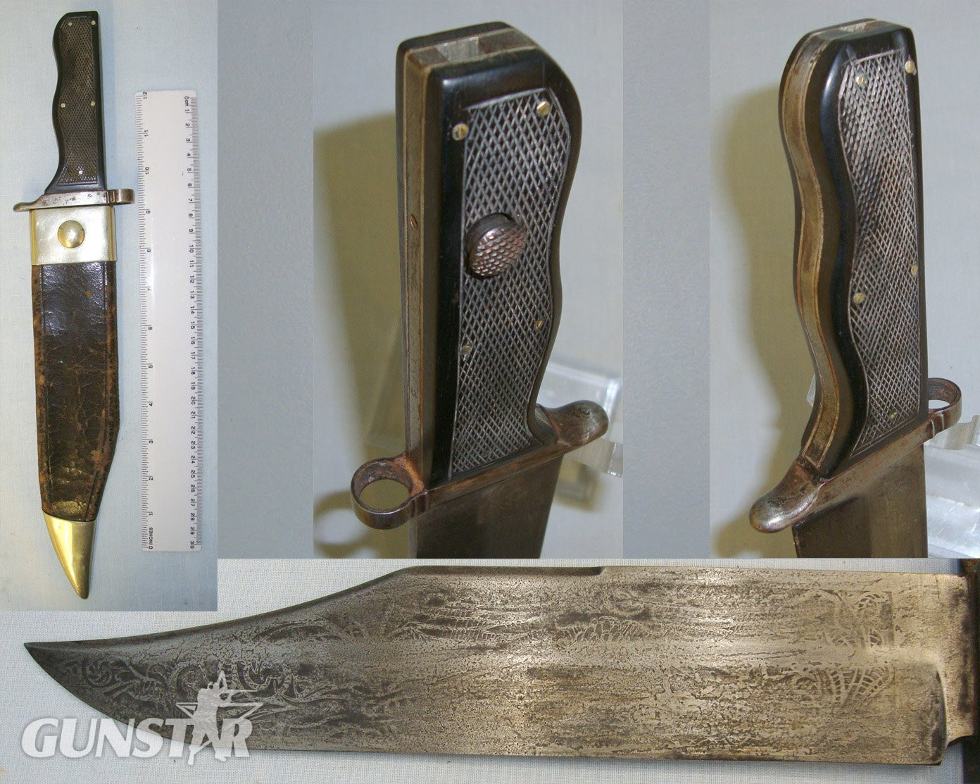 VERY RARE**American Civil War Era Confederate Army & Navy ‘Bowie Bayonet’ With Chequered Polished Horn Scales, Etched Blade, Cross Guard With 14mm Diameter Muzzle Ring Cross Guard & Scabbard. Sn 20297 Bayonet