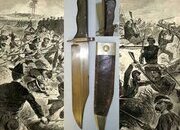 VERY RARE**American Civil War Era Confederate Army & Navy ‘Bowie Bayonet’ With Chequered Polished Horn Scales, Etched Blade, Cross Guard With 14mm Diameter Muzzle Ring Cross Guard & Scabbard. Sn 20297 Bayonet