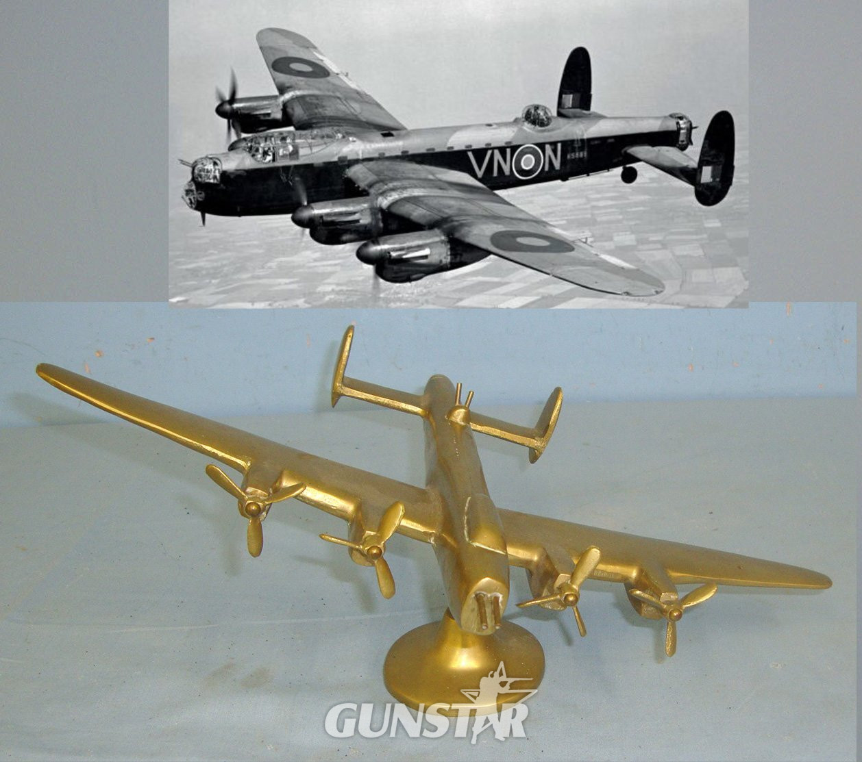 ICONIC AIRCRAFT**Solid Brass Model Of The Famous WW2 British Avro Lancaster Heavy Bomber In Flight On Stand. Sn 22598  Antique & Militaria