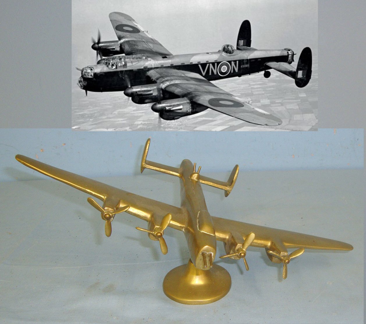 ICONIC AIRCRAFT**Solid Brass Model Of The Famous WW2 British Avro Lancaster Heavy Bomber In Flight On Stand. Sn 22598  Antique & Militaria