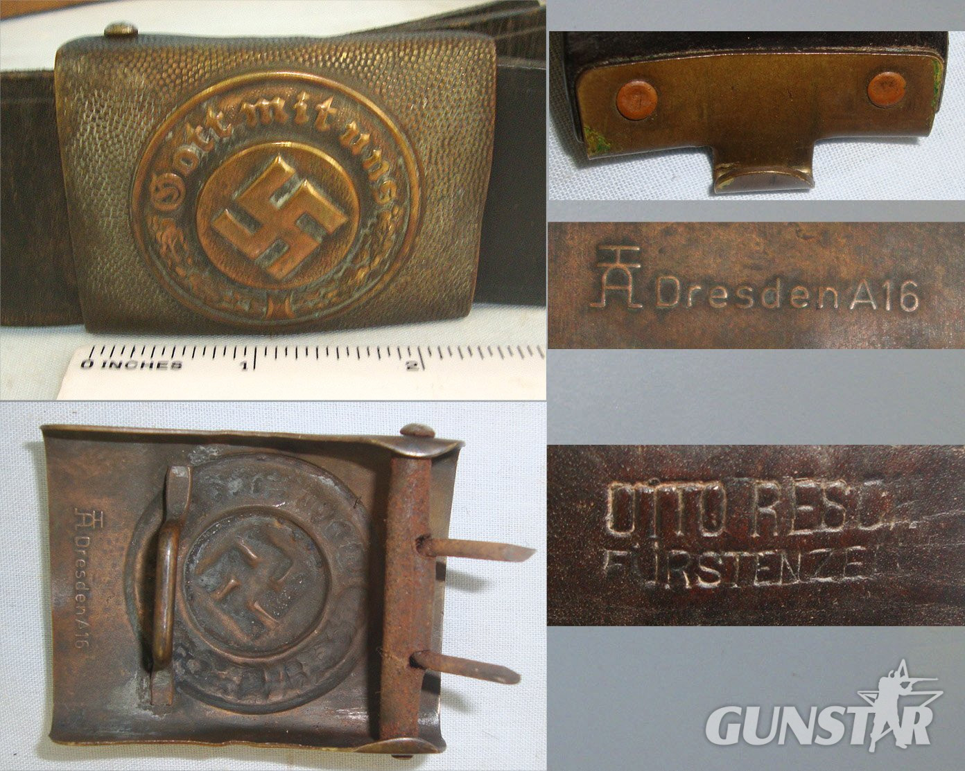  Original**WW2 Era Nazi German Waterways Protection Police (Wasserschutzpolizei) Copper / Gilt Wash Aluminum Buckle By Hermann Aurich Dresden & Original Leather Belt By Otto Resch Furtenzei. Sn 22814  Antique & Militaria