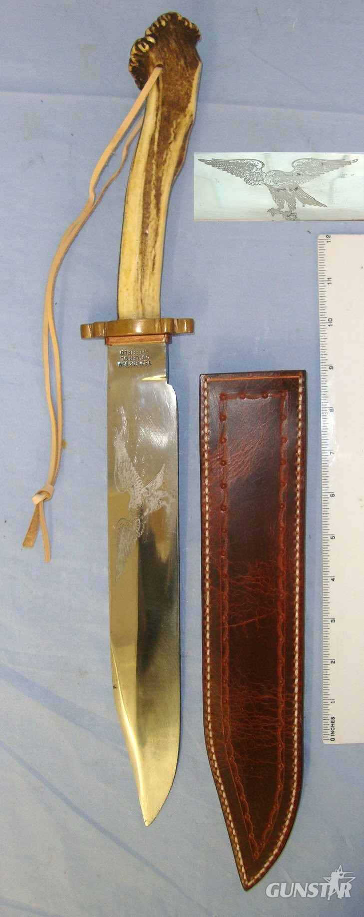 VERY LARGE**AMERICAN FRONTIER EXPORT**1854-1859 Yeomans & Son Sheffield Bowie Knife With American Eagle Etched Blade, Solid Stag Antler Hilt & Scabbard. Sn 23367 Knive in 