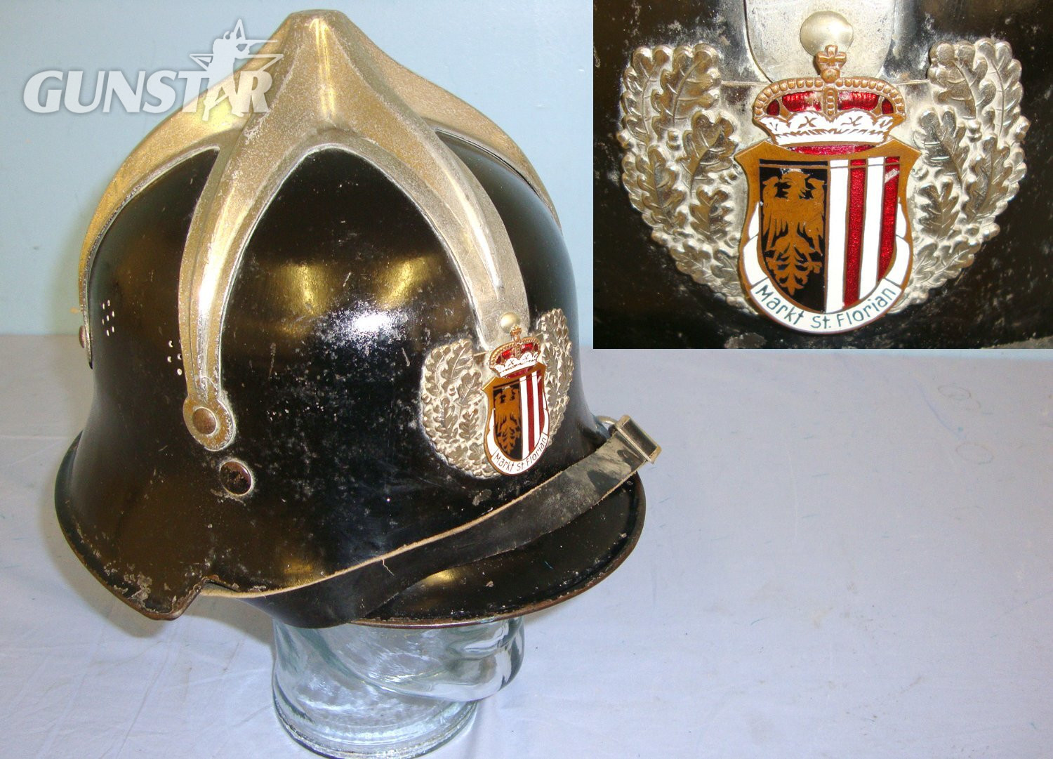 Early 20th Century Austrian Markt Sankt Florian City Fireman’s Steel Helmet with Chromed Cross Top, State Helmet Plate, Original Chinstrap & Liner. Sn 20426. Early 20th Century Austrian Markt Sankt Florian City Fireman’s Steel Helmet with Chromed Cross Top, State Helmet Plate, Original Chinstrap & Liner. Sn 20426. Antique & Militaria in 