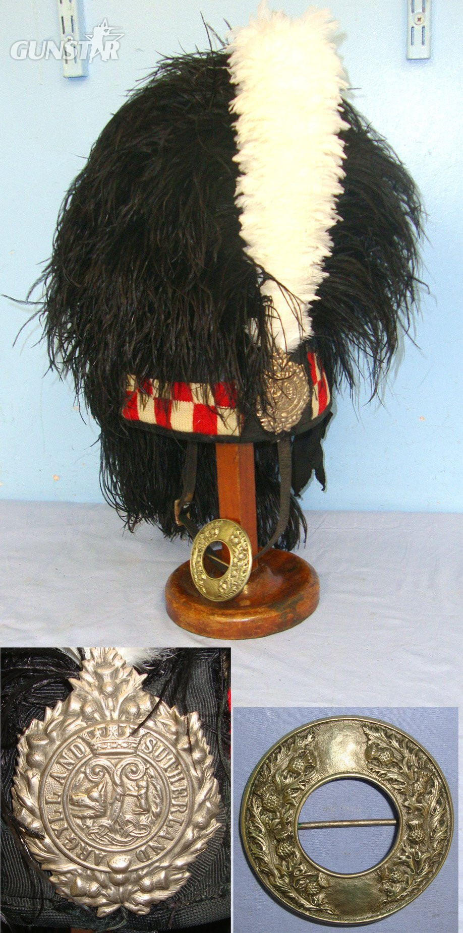 Scottish Argyll and Sutherland Highlanders Regiment Other Ranks Ostrich Feather Bonnet With Plume / Hackle & Regiment Badge & Plaid Brooch. HE 859  Clothing in 