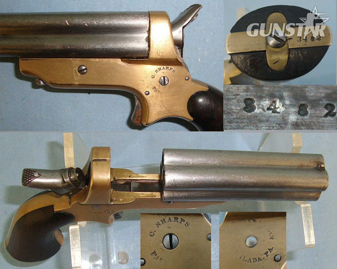 MATCHING NUMBERS**1859-1874 Sharps USA 1859 Patent .30 Rim Fire Obsolete Calibre 4 Barrelled Brass Frame Pocket Derringer. Sn 23413 derringer .30 Deringer