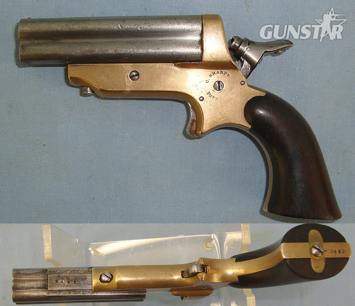  MATCHING NUMBERS**1859-1874 Sharps USA 1859 Patent .30 Rim Fire Obsolete Calibre 4 Barrelled Brass Frame Pocket Derringer. Sn 23413 derringer .30 Deringer