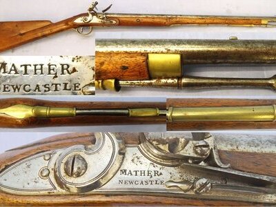 Mather (Newcastle) British Officers .65” Calibre, Model 1773 Eliott Service Flintlock Carbine by Mather of Newcastle. Sn - 21851:6 Muzzleloader .65 Cal Muzzleloader Rifle