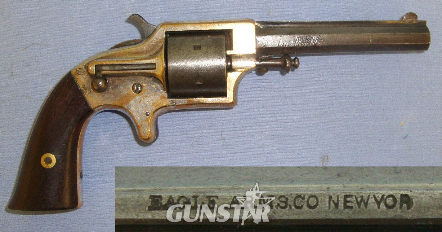 RARE** Mid 1860\'s American Eagle Arms Company New York, 6 Shot Single Action Brass Framed Front Loading Obsolete Calibre .28 Cup-Primer Cartridge Revolver With Octagonal Barrel, Bolt Ejector & Sheathed Trigger. Sn 21814 Obsolete Revolver in 