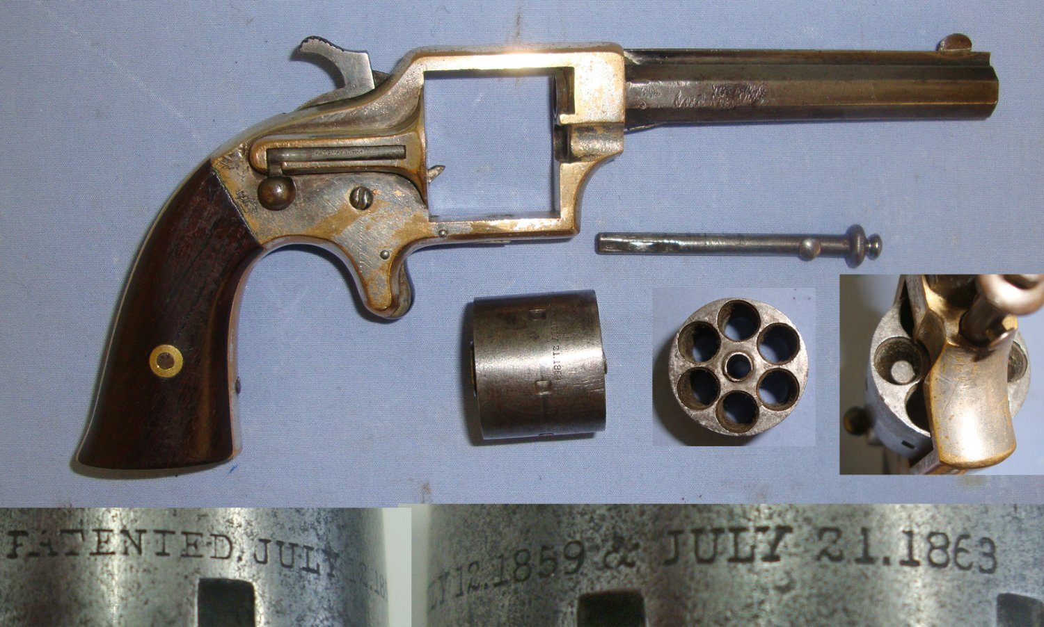 RARE** Mid 1860\'s American Eagle Arms Company New York, 6 Shot Single Action Brass Framed Front Loading Obsolete Calibre .28 Cup-Primer Cartridge Revolver With Octagonal Barrel, Bolt Ejector & Sheathed Trigger. Sn 21814 Obsolete Revolver