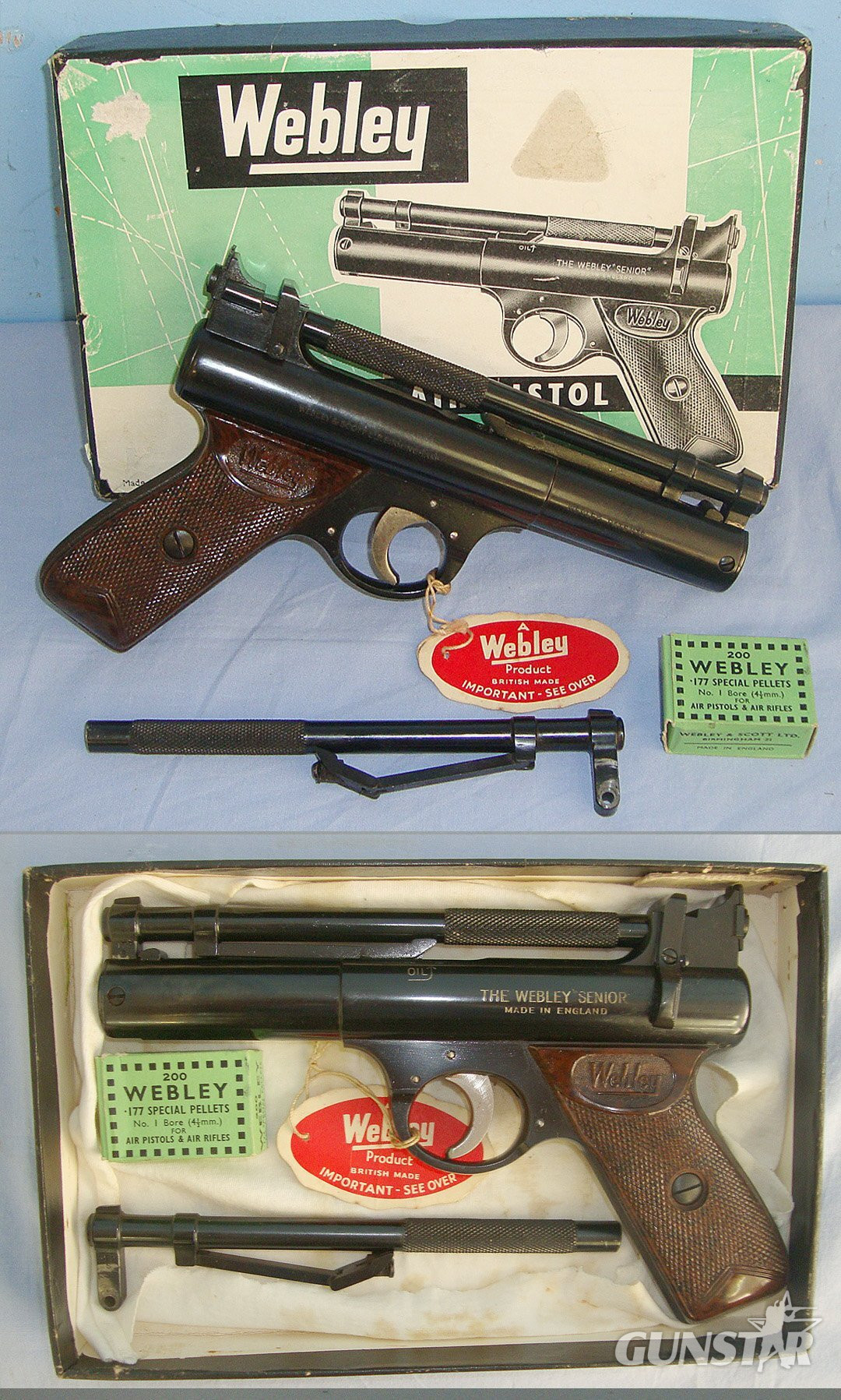 MINT**UN-USED CONDITION**ORIGINAL BOXED**Post 1958, Webley Senior Air Pistol With 2 Barrels (.177 & .22 Calibres). Sn 23494 air pistol Various in 