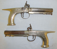 Pair Of Scottish Form 54 Bore Brass & Steel Construction Percussion Pistols With Scottish Form 54 Bore Brass & Steel Construction Percussion Pistols With Irish R None Muzzleloader