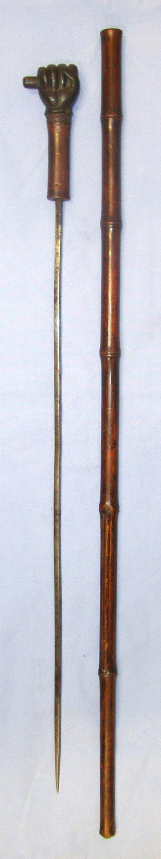  WW1 Era British Officer’s Cane Swagger Sword Stick With Ebonised Wood Clenched Fist Handle Top. Sn 22891 Sword