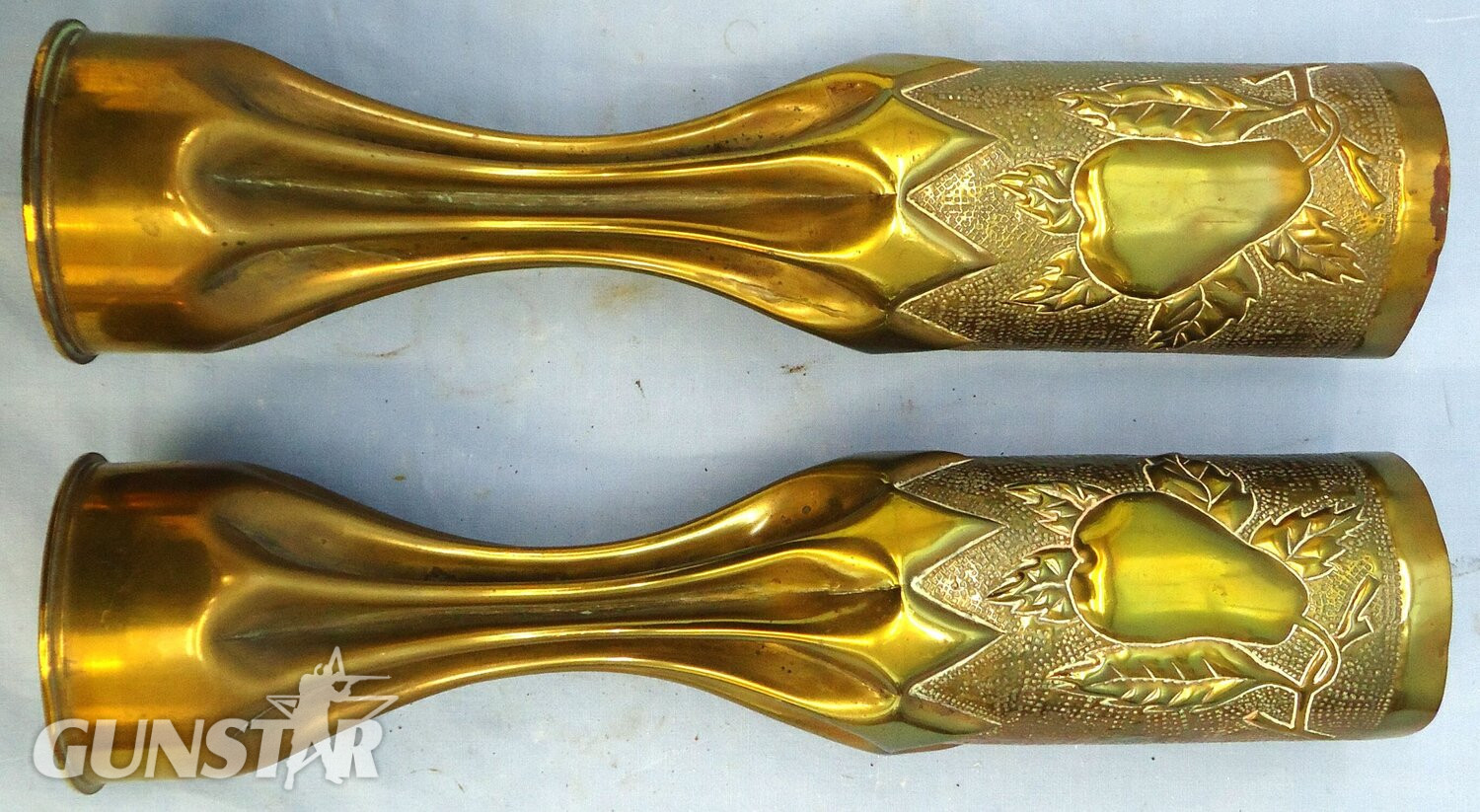 INERT DEACTIVATED. WW1, 1917 Dated, Mirrored Pair of Trench Art French 75mm Brass Cartridges Cases Decorated With Pears, Leave & Branches. Sn - 21612 INERT DEACTIVATED. WW1, 1917 Dated, Mirrored Pair of Trench Art French 75mm Brass Cartridges Cases Decorated With Pears, Leave & Branches. Sn - 21612  Other Ammunition in 