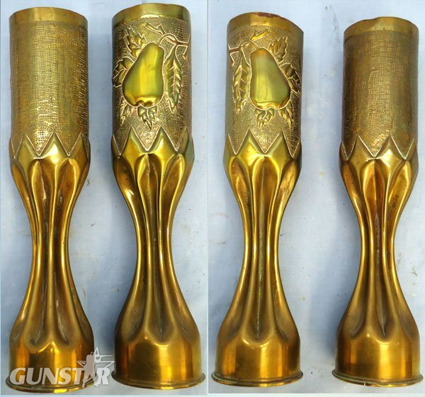 INERT DEACTIVATED. WW1, 1917 Dated, Mirrored Pair of Trench Art French 75mm Brass Cartridges Cases Decorated With Pears, Leave & Branches. Sn - 21612 INERT DEACTIVATED. WW1, 1917 Dated, Mirrored Pair of Trench Art French 75mm Brass Cartridges Cases Decorated With Pears, Leave & Branches. Sn - 21612  Other Ammunition