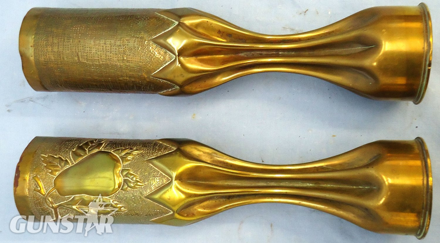 INERT DEACTIVATED. WW1, 1917 Dated, Mirrored Pair of Trench Art French 75mm Brass Cartridges Cases Decorated With Pears, Leave & Branches. Sn - 21612 INERT DEACTIVATED. WW1, 1917 Dated, Mirrored Pair of Trench Art French 75mm Brass Cartridges Cases Decorated With Pears, Leave & Branches. Sn - 21612  Other Ammunition - {CATEGORY} in 
