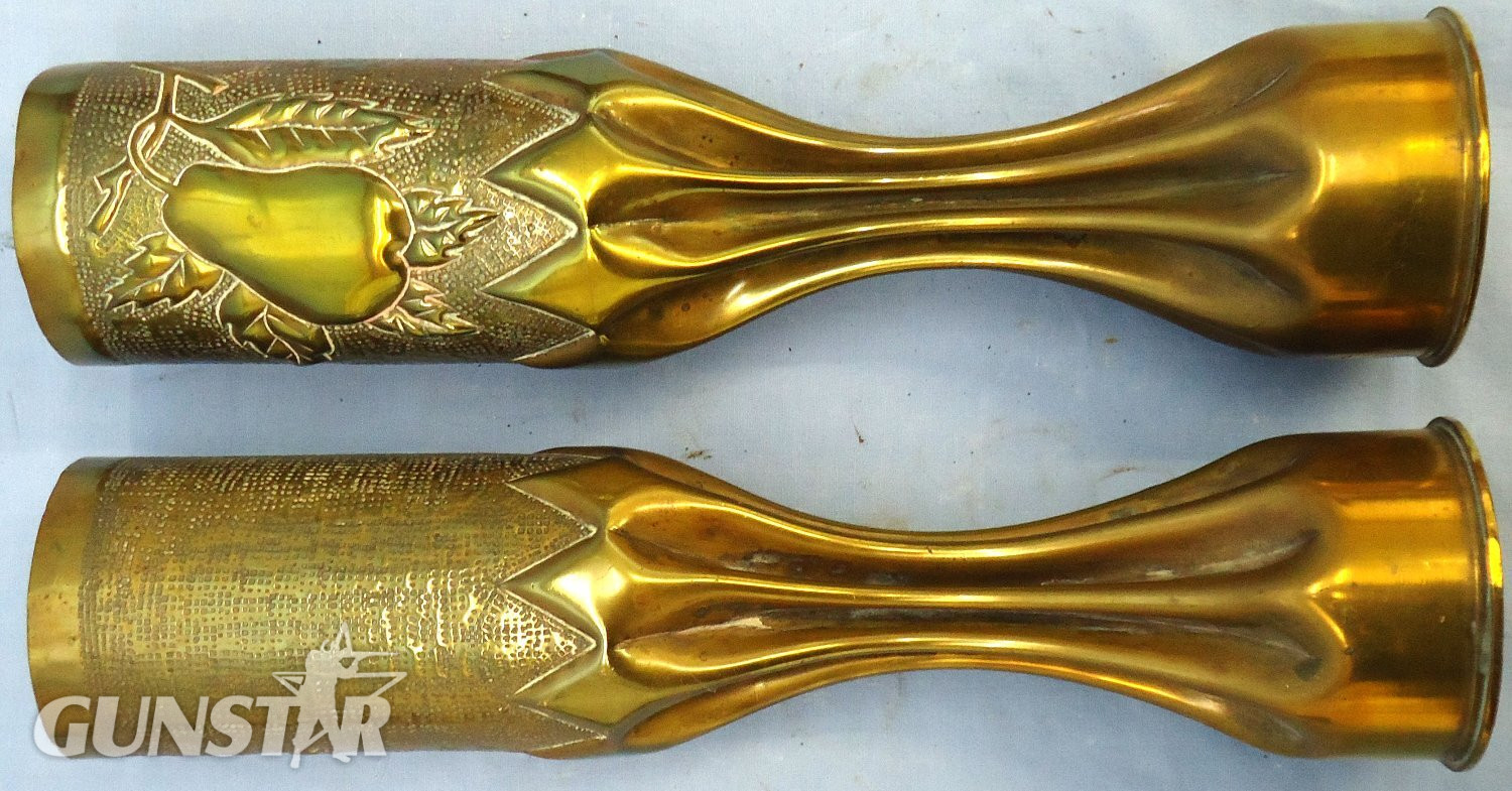 INERT DEACTIVATED. WW1, 1917 Dated, Mirrored Pair of Trench Art French 75mm Brass Cartridges Cases Decorated With Pears, Leave & Branches. Sn - 21612 INERT DEACTIVATED. WW1, 1917 Dated, Mirrored Pair of Trench Art French 75mm Brass Cartridges Cases Decorated With Pears, Leave & Branches. Sn - 21612  Other Ammunition - {CATEGORY}
