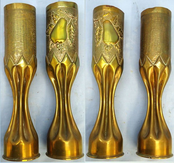 INERT DEACTIVATED. WW1, 1917 Dated, Mirrored Pair of Trench Art French 75mm Brass Cartridges Cases Decorated With Pears, Leave & Branches. Sn - 21612 INERT DEACTIVATED. WW1, 1917 Dated, Mirrored Pair of Trench Art French 75mm Brass Cartridges Cases Decorated With Pears, Leave & Branches. Sn - 21612  Other Ammunition