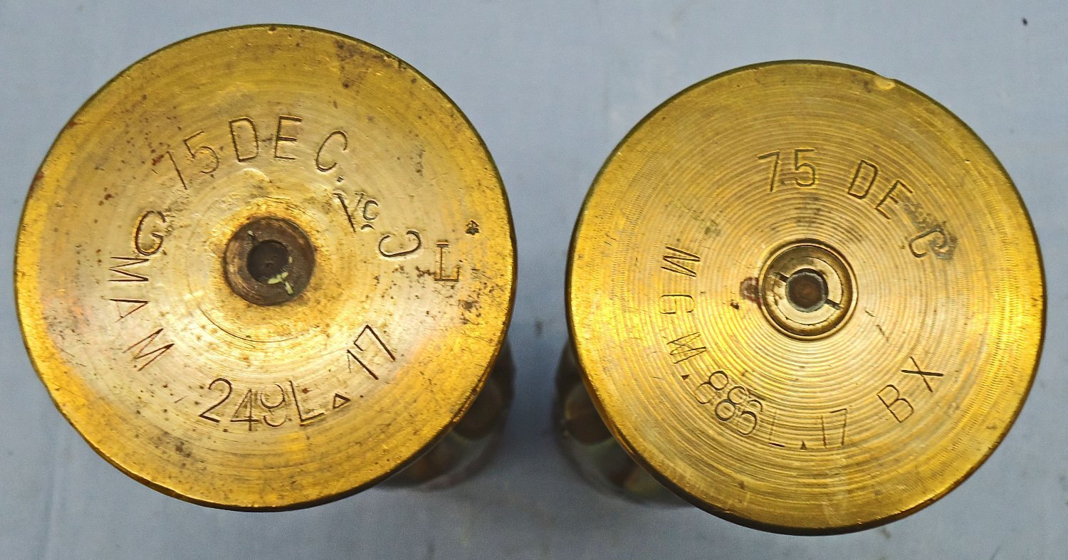  INERT DEACTIVATED. WW1, 1917 Dated, Mirrored Pair of Trench Art French 75mm Brass Cartridges Cases Decorated With Pears, Leave & Branches. Sn - 21612 INERT DEACTIVATED. WW1, 1917 Dated, Mirrored Pair of Trench Art French 75mm Brass Cartridges Cases Decorated With Pears, Leave & Branches. Sn - 21612  Other Ammunition
