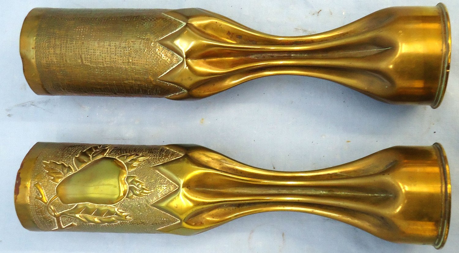 INERT DEACTIVATED. WW1, 1917 Dated, Mirrored Pair of Trench Art French 75mm Brass Cartridges Cases Decorated With Pears, Leave & Branches. Sn - 21612 INERT DEACTIVATED. WW1, 1917 Dated, Mirrored Pair of Trench Art French 75mm Brass Cartridges Cases Decorated With Pears, Leave & Branches. Sn - 21612  Other Ammunition - {CATEGORY} in 