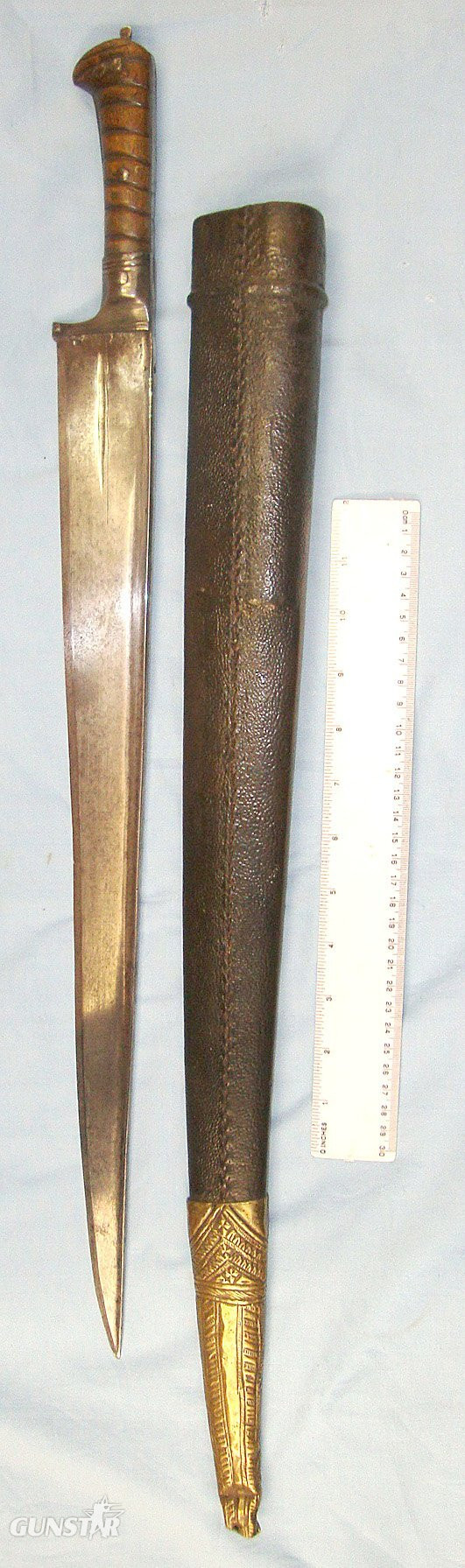 LARGE**Early 20th Century Sword Size Pesh-Kabz Choora / Khyber Afghan Knife With Tropical Hard Wood Scales, T- Section Blade & Rare To Find Original Scabbard. Sn 23497 Knive in 