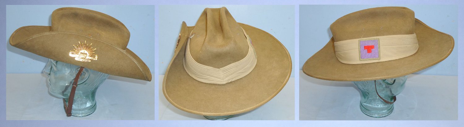Original* Australian Army Slouch Hat Decorated with a 3rd Field Squadron; 9th Combat Engineer Unit Colour Patch and the Australian Army Rising Sun Badge. 22441:9. Original* Australian Army Slouch Hat Decorated with a 3rd Field Squadron; 9th Combat Engineer Unit Colour Patch and the Australian Army Rising Sun Badge. 22441:9.  Clothing