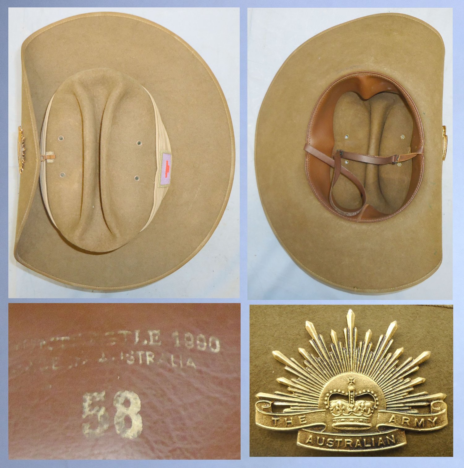  Original* Australian Army Slouch Hat Decorated with a 3rd Field Squadron; 9th Combat Engineer Unit Colour Patch and the Australian Army Rising Sun Badge. 22441:9. Original* Australian Army Slouch Hat Decorated with a 3rd Field Squadron; 9th Combat Engineer Unit Colour Patch and the Australian Army Rising Sun Badge. 22441:9.  Clothing