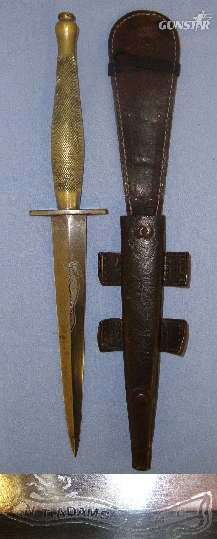 RARE**WW2 British WD Wilkinson 2nd Pattern Fairbairn Sykes FS Fighting Knife With ‘WD Arrow 56’ Mark & United States Marine’s Privately Commissioned Etched Panel Banner To ‘N.T. Adams USMC’ & Scabbard. Sn 21857 Knive in 