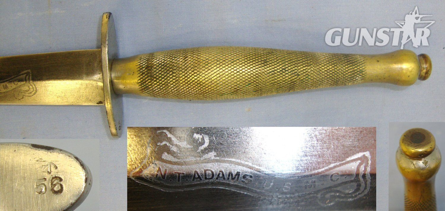 RARE**WW2 British WD Wilkinson 2nd Pattern Fairbairn Sykes FS Fighting Knife With ‘WD Arrow 56’ Mark & United States Marine’s Privately Commissioned Etched Panel Banner To ‘N.T. Adams USMC’ & Scabbard. Sn 21857 Knive