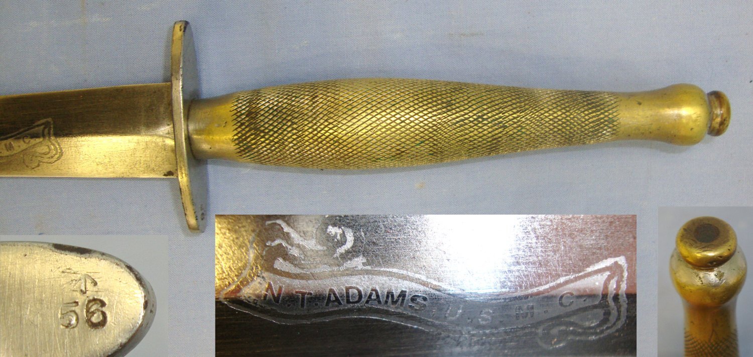 RARE**WW2 British WD Wilkinson 2nd Pattern Fairbairn Sykes FS Fighting Knife With ‘WD Arrow 56’ Mark & United States Marine’s Privately Commissioned Etched Panel Banner To ‘N.T. Adams USMC’ & Scabbard. Sn 21857 Knive