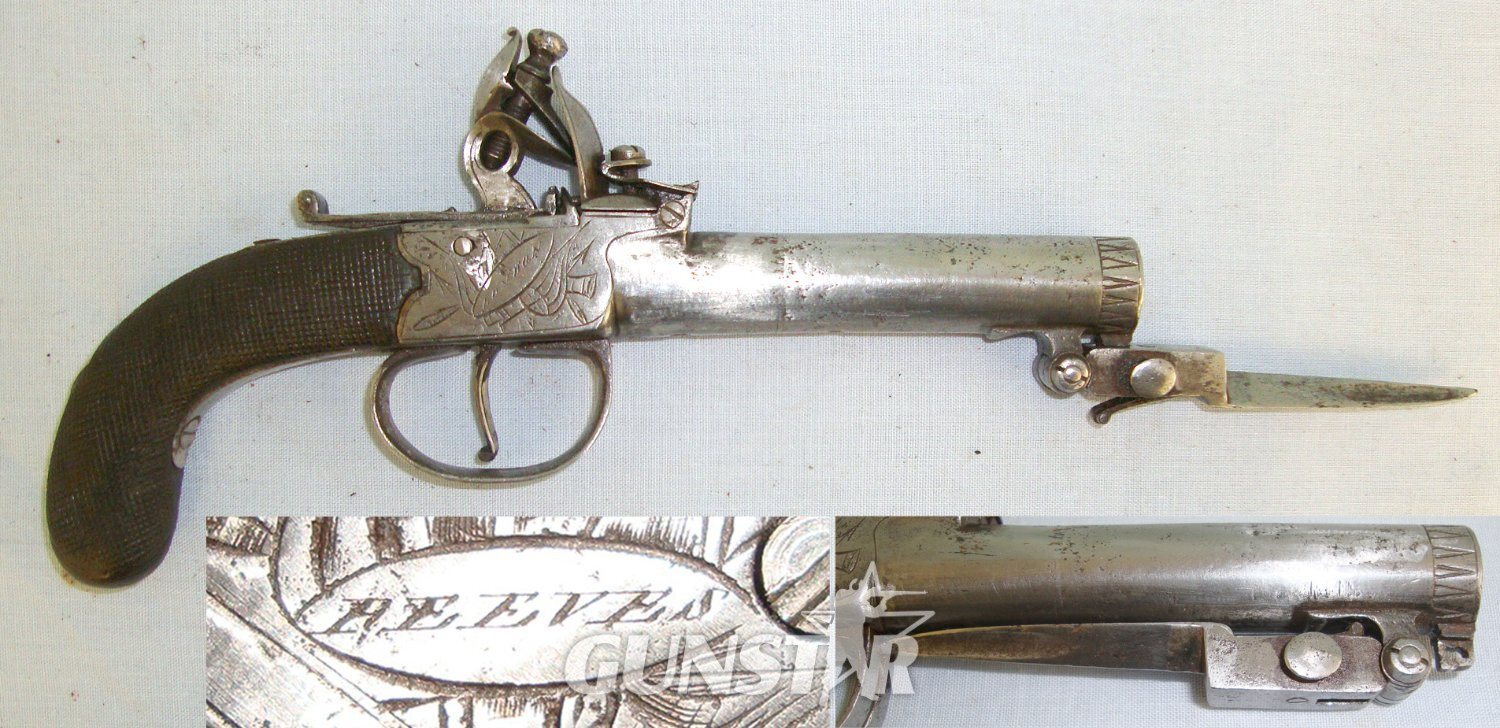 C1820 English, Reeves London 50 Bore Flintlock Traveling Pocket Pistol With Turn Off Barrel & Folding Sprung Bayonet. Sn 23484:21 flintlock pistol .50 Cal Muzzleloader Muzzleloader in 