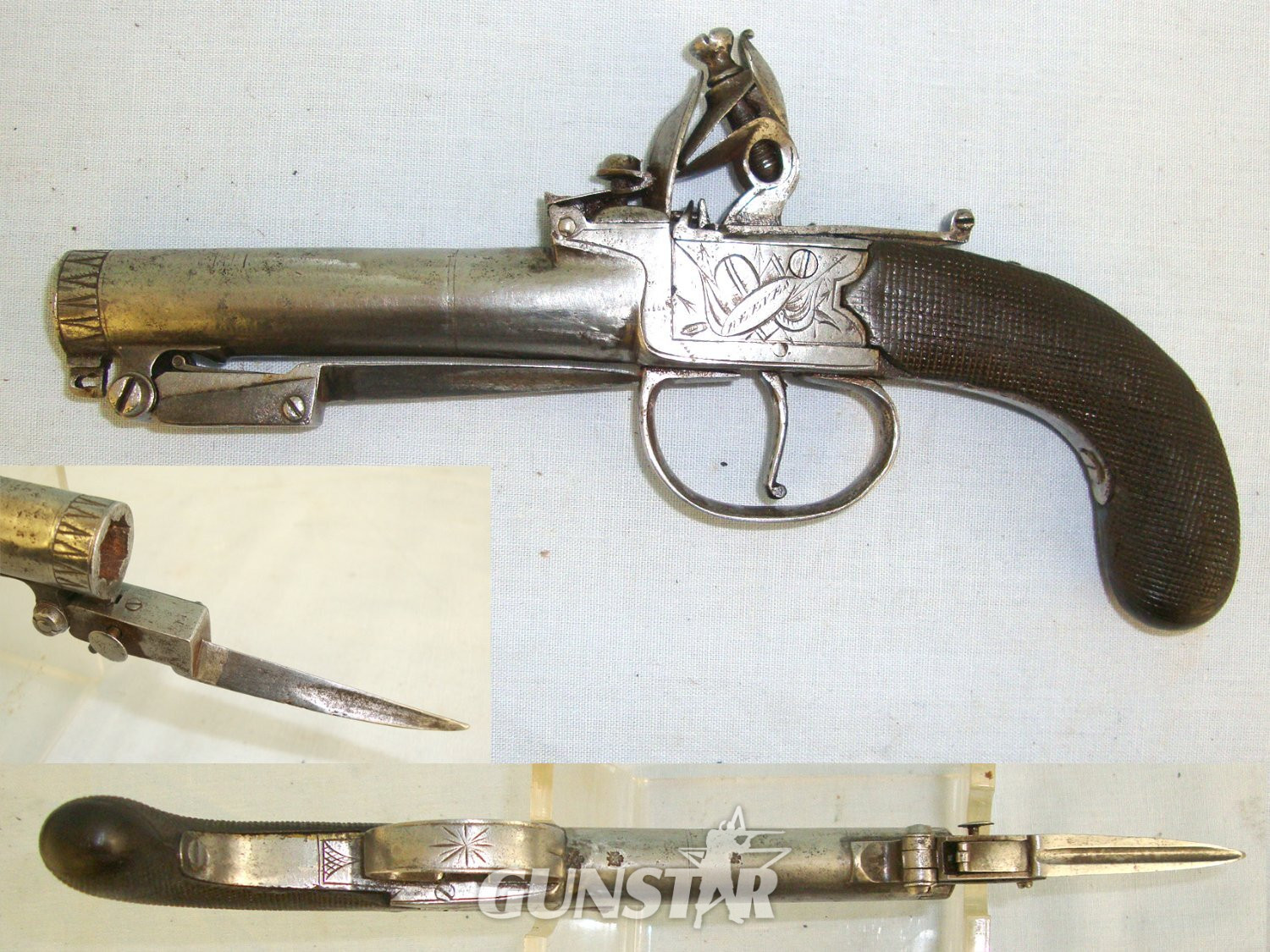  C1820 English, Reeves London 50 Bore Flintlock Traveling Pocket Pistol With Turn Off Barrel & Folding Sprung Bayonet. Sn 23484:21 flintlock pistol .50 Cal Muzzleloader Muzzleloader