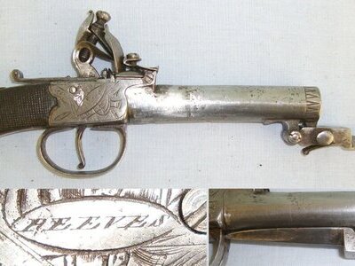 C1820 English, Reeves London 50 Bore Flintlock Traveling Pocket Pistol With Turn Off Barrel & Folding Sprung Bayonet. Sn 23484:21 flintlock pistol .50 Cal Muzzleloader Muzzleloader