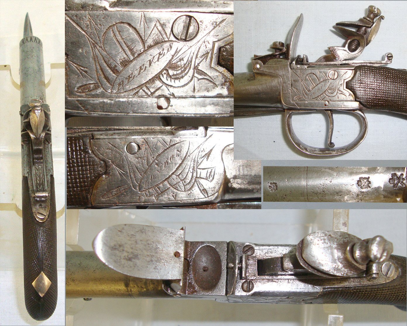 C1820 English, Reeves London 50 Bore Flintlock Traveling Pocket Pistol With Turn Off Barrel & Folding Sprung Bayonet. Sn 23484:21 flintlock pistol .50 Cal Muzzleloader Muzzleloader
