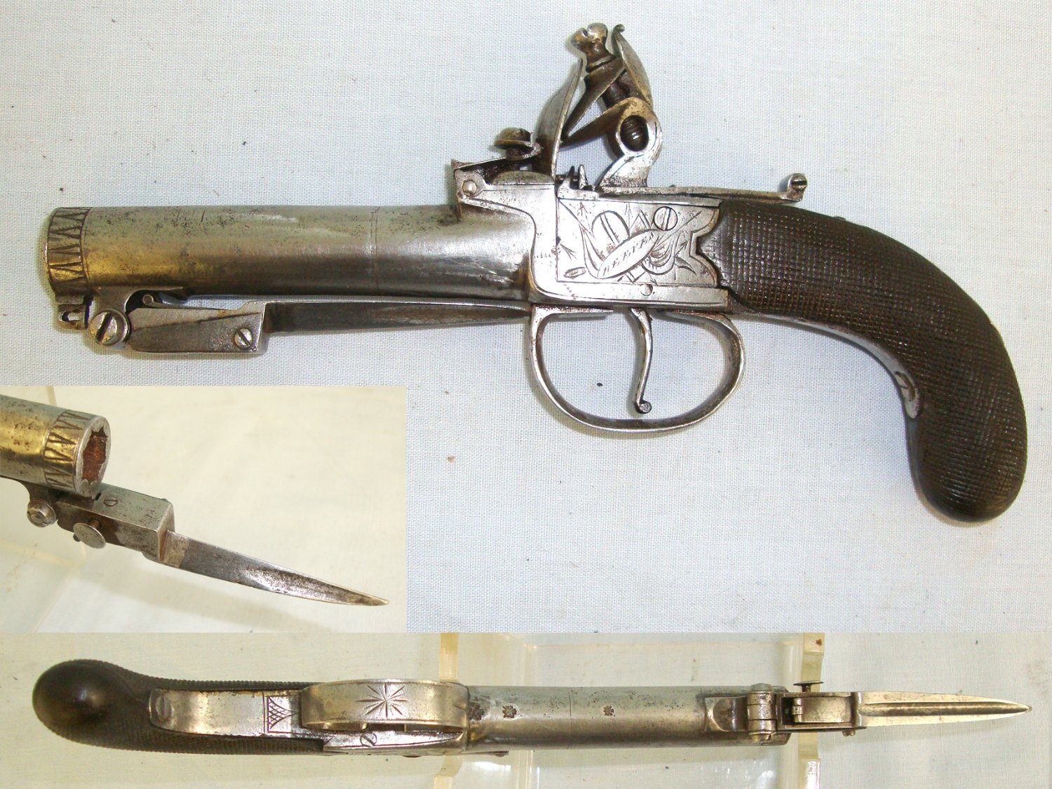  C1820 English, Reeves London 50 Bore Flintlock Traveling Pocket Pistol With Turn Off Barrel & Folding Sprung Bayonet. Sn 23484:21 flintlock pistol .50 Cal Muzzleloader Muzzleloader