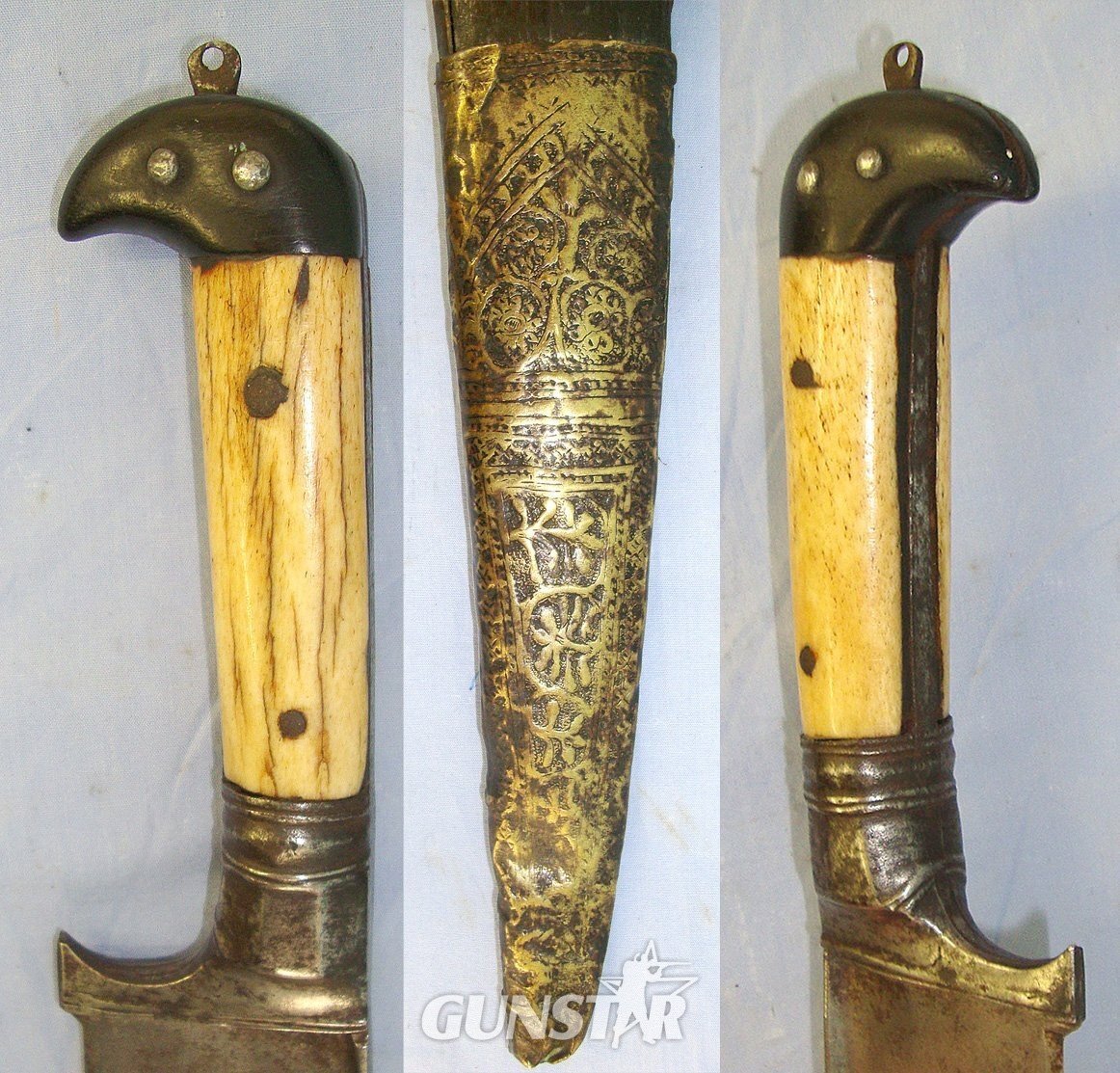 LARGE**Early 20th Century Sword Size Pesh-Kabz Choora / Khyber Afghan Knife With Polished Horn & Bone Scales T- Section Blade & Rare To Find Original Scabbard. Sn 23516 Knive