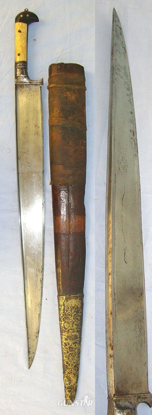  LARGE**Early 20th Century Sword Size Pesh-Kabz Choora / Khyber Afghan Knife With Polished Horn & Bone Scales T- Section Blade & Rare To Find Original Scabbard. Sn 23516 Knive