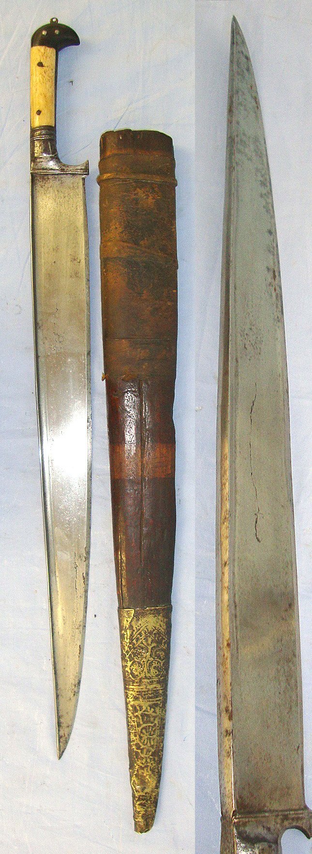  LARGE**Early 20th Century Sword Size Pesh-Kabz Choora / Khyber Afghan Knife With Polished Horn & Bone Scales T- Section Blade & Rare To Find Original Scabbard. Sn 23516 Knive