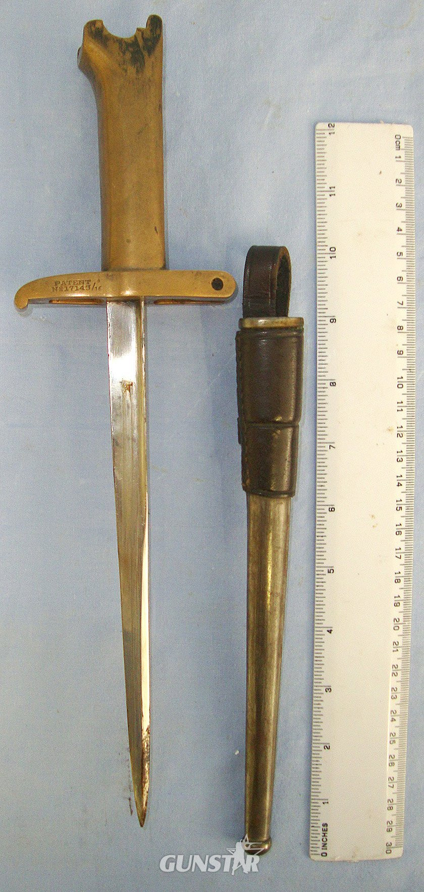  RARE**WW1 Era British Officer's Private Purchase Pritchard Greener 1916 Patent Trench Fighting Bayonet For Webley MK VI .455 Service Revolvers With Scabbard & Leather Frog. Sn 23498  Bayonet