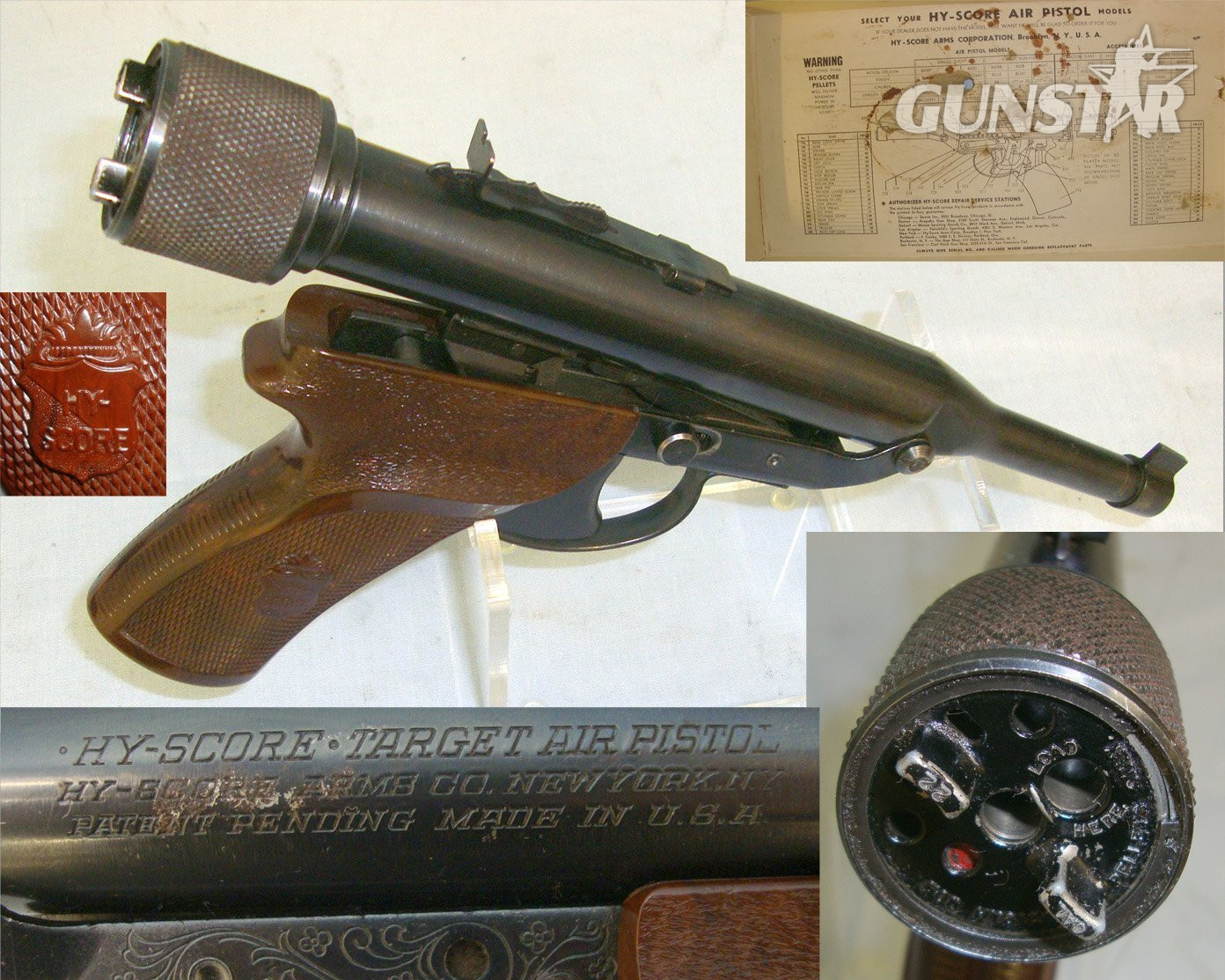 Boxed, 1950-1970 U.S.A. Hy-Score Arms Co New York Target Model 802B 6 Shot Repeating .22 Calibre Break Action Air Pistol With Illustrated Instruction Pamphlets. Sn 23484:23 air pistol .22 in 