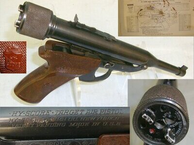 Boxed, 1950-1970 U.S.A. Hy-Score Arms Co New York Target Model 802B 6 Shot Repeating .22 Calibre Break Action Air Pistol With Illustrated Instruction Pamphlets. Sn 23484:23 air pistol .22