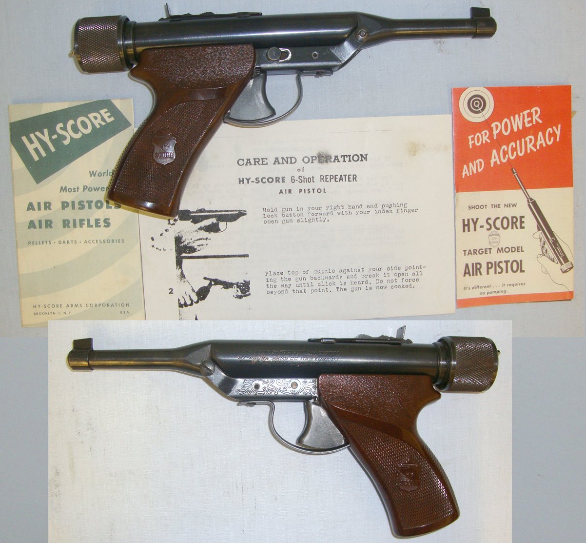  Boxed, 1950-1970 U.S.A. Hy-Score Arms Co New York Target Model 802B 6 Shot Repeating .22 Calibre Break Action Air Pistol With Illustrated Instruction Pamphlets. Sn 23484:23 air pistol .22
